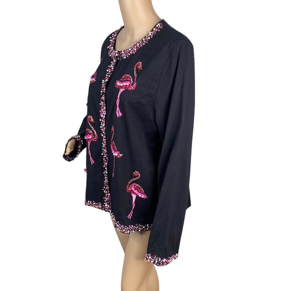 Michael Simon Event RARE Flamingo Sequin Embroidered Black Pink Cardigan SZ XL - Picture 6 of 10